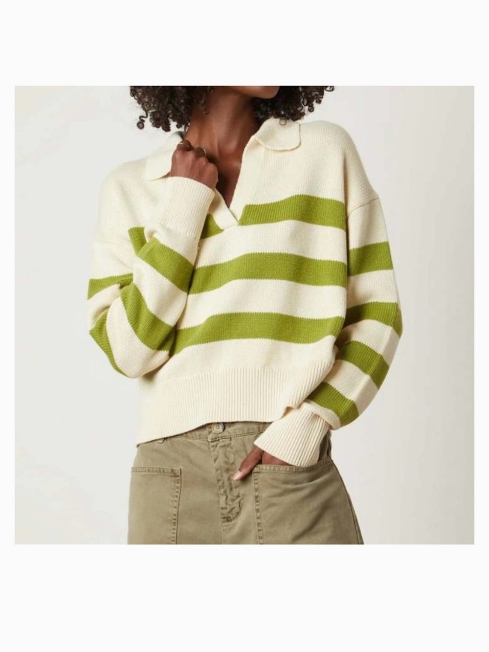 Velvet Lucie V-Neck Sweater in Cream and Lime